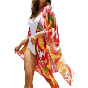 imageMoss Rose Women Summer Bikini Kimono Bathing Suit Cover Ups for SwimwearB Colorful Red 1