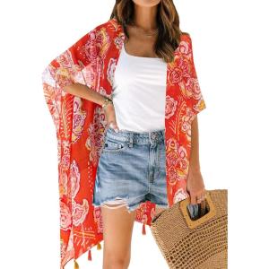 imageMoss Rose Women Summer Bikini Kimono Bathing Suit Cover Ups for SwimwearD Orange White Flower