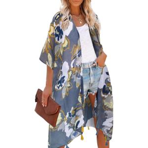 imageMoss Rose Women Summer Bikini Kimono Bathing Suit Cover Ups for SwimwearDusty Blue Garden