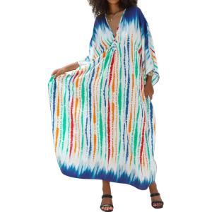 imageMoss Rose Women Summer Caftan Coverups Dress Kimono Beach Vacation Wear V Neck Print Maxi Boho DressBcolorful