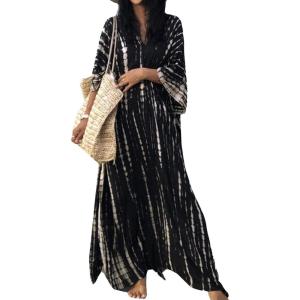 imageMoss Rose Women Summer Caftan Coverups Dress Kimono Beach Vacation Wear V Neck Print Maxi Boho DressBlack