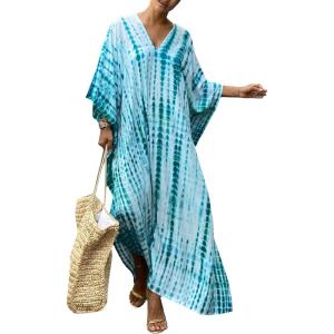 imageMoss Rose Women Summer Caftan Coverups Dress Kimono Beach Vacation Wear V Neck Print Maxi Boho DressBlue Green