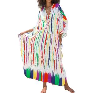 imageMoss Rose Women Summer Caftan Coverups Dress Kimono Beach Vacation Wear V Neck Print Maxi Boho DressBrainbow