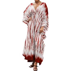 imageMoss Rose Women Summer Caftan Coverups Dress Kimono Beach Vacation Wear V Neck Print Maxi Boho DressBred