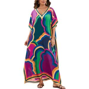 imageMoss Rose Women Summer Caftan Coverups Dress Kimono Beach Vacation Wear V Neck Print Maxi Boho DressD Clouds Print