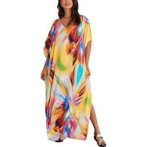 imageMoss Rose Women Summer Caftan Coverups Dress Kimono Beach Vacation Wear V Neck Print Maxi Boho DressDfireworks Print
