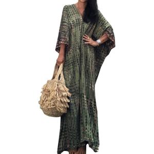 imageMoss Rose Women Summer Caftan Coverups Dress Kimono Beach Vacation Wear V Neck Print Maxi Boho DressGreen