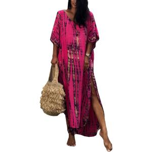 imageMoss Rose Women Summer Caftan Coverups Dress Kimono Beach Vacation Wear V Neck Print Maxi Boho DressRose