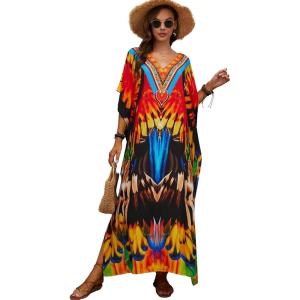 imageMoss Rose Women Summer Caftan Coverups Dress Kimono Beach Vacation Wear V Neck Print Maxi Boho DressZ Colorful 3