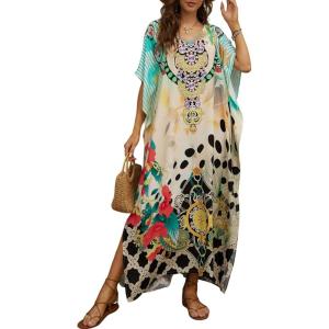 imageMoss Rose Women Summer Caftan Coverups Dress Kimono Beach Vacation Wear V Neck Print Maxi Boho DressZ Colorful 5