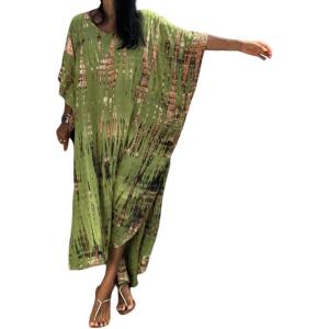 imageMoss Rose Women Summer Caftan Coverups Dress Kimono Beach Vacation Wear V Neck Print Maxi Boho DressZgreen
