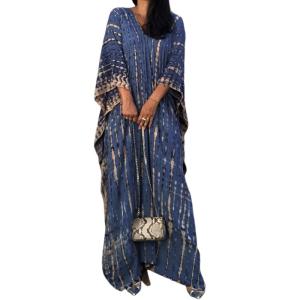 imageMoss Rose Women Summer Caftan Coverups Dress Kimono Beach Vacation Wear V Neck Print Maxi Boho DressZnavy