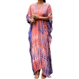 imageMoss Rose Women Summer Caftan Coverups Dress Kimono Beach Vacation Wear V Neck Print Maxi Boho DressZpink