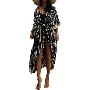 imageMoss Rose Women Summer Caftan Kimono Cardigan Open Fron Swimsuit Kaftan Maxi Beach Vacation Clothes with BeltAblack