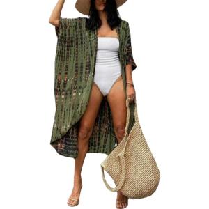 imageMoss Rose Women Summer Caftan Kimono Cardigan Open Fron Swimsuit Kaftan Maxi Beach Vacation Clothes with BeltAgreen