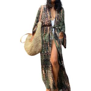 imageMoss Rose Women Summer Caftan Kimono Cardigan Open Fron Swimsuit Kaftan Maxi Beach Vacation Clothes with BeltBkhaki