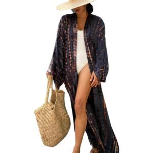 imageMoss Rose Women Summer Caftan Kimono Cardigan Open Fron Swimsuit Kaftan Maxi Beach Vacation Clothes with BeltBnavy