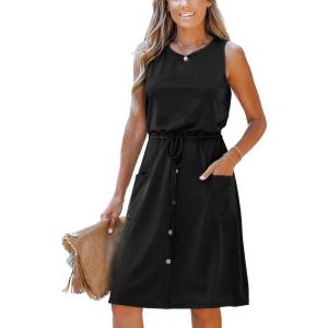imageMoss Rose Women Summer Dresses Sleeveless Casual Loose Swing Midi Dress with PocketsBlack