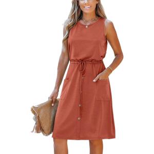 imageMoss Rose Women Summer Dresses Sleeveless Casual Loose Swing Midi Dress with PocketsBrick Red