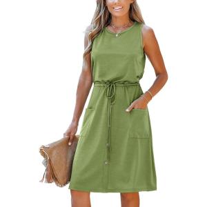 imageMoss Rose Women Summer Dresses Sleeveless Casual Loose Swing Midi Dress with PocketsGreen