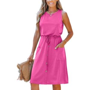 imageMoss Rose Women Summer Dresses Sleeveless Casual Loose Swing Midi Dress with PocketsPink