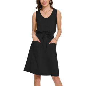 imageMoss Rose Women Summer Dresses Sleeveless Casual Loose Swing Midi Dress with PocketsZblack