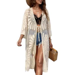 imageMoss Rose Womens Bathing Suit Cover Up 34 Sleeve Mesh Swimsuit Coverup Long Floral Beach Lace Kimono CardiganBeige