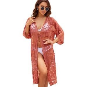 imageMoss Rose Womens Bathing Suit Cover Up 34 Sleeve Mesh Swimsuit Coverup Long Floral Beach Lace Kimono CardiganBrick Red