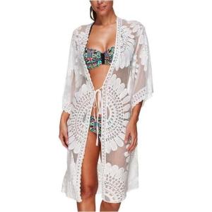 imageMoss Rose Womens Bathing Suit Cover Up 34 Sleeve Mesh Swimsuit Coverup Long Floral Beach Lace Kimono CardiganWhite