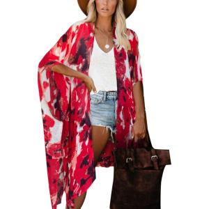 imageMoss Rose Womens Beach Cover up Swimsuit Kimono with Bohemian Floral Print Loose Casual Resort WearB Red  Brown  White