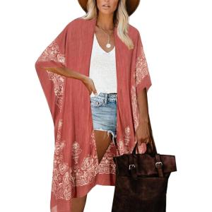 imageMoss Rose Womens Beach Cover up Swimsuit Kimono with Bohemian Floral Print Loose Casual Resort WearB Red