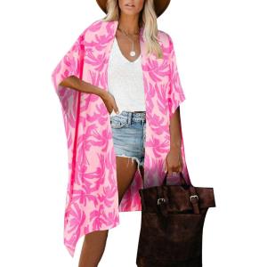 imageMoss Rose Womens Beach Cover up Swimsuit Kimono with Bohemian Floral Print Loose Casual Resort WearB Rose Red Print