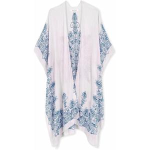 imageMoss Rose Womens Beach Cover up Swimsuit Kimono with Bohemian Floral Print Loose Casual Resort WearBlue  White