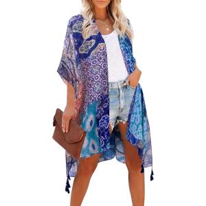 imageMoss Rose Womens Beach Cover up Swimsuit Kimono with Bohemian Floral Print Loose Casual Resort WearBlue Print