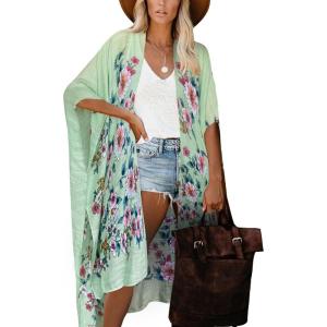 imageMoss Rose Womens Beach Cover up Swimsuit Kimono with Bohemian Floral Print Loose Casual Resort WearC Mint Garden