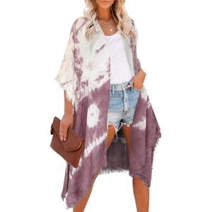 imageMoss Rose Womens Beach Cover up Swimsuit Kimono with Bohemian Floral Print Loose Casual Resort WearE Tiedye Ultra Violet