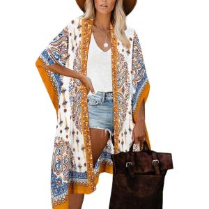imageMoss Rose Womens Beach Cover up Swimsuit Kimono with Bohemian Floral Print Loose Casual Resort WearFageen