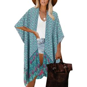 imageMoss Rose Womens Beach Cover up Swimsuit Kimono with Bohemian Floral Print Loose Casual Resort WearGreen Placement Print