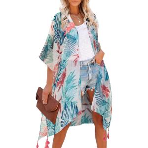 imageMoss Rose Womens Beach Cover up Swimsuit Kimono with Bohemian Floral Print Loose Casual Resort WearLeaves and Flowers