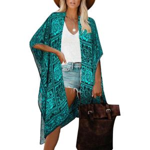 imageMoss Rose Womens Beach Cover up Swimsuit Kimono with Bohemian Floral Print Loose Casual Resort WearZ Green Floral