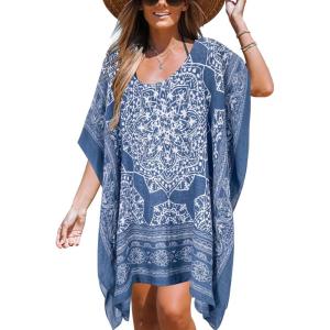 imageMoss Rose Womens Beach Kaftan Dresses Kimono Swimsuit Cover up for Bathing Suit with Floral PatternAblue