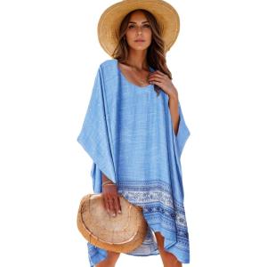 imageMoss Rose Womens Beach Kaftan Dresses Kimono Swimsuit Cover up for Bathing Suit with Floral PatternAblue Print