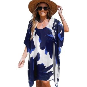 imageMoss Rose Womens Beach Kaftan Dresses Kimono Swimsuit Cover up for Bathing Suit with Floral PatternAbluewhite