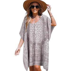imageMoss Rose Womens Beach Kaftan Dresses Kimono Swimsuit Cover up for Bathing Suit with Floral PatternAgrey