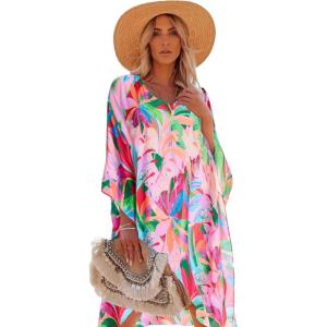 imageMoss Rose Womens Beach Kaftan Dresses Kimono Swimsuit Cover up for Bathing Suit with Floral PatternBpink
