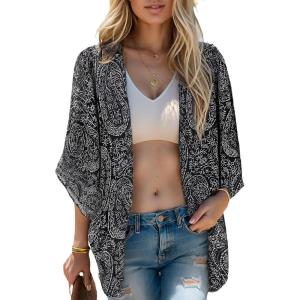 imageMoss Rose Womens Beach Kimono Coverup Sheer Chiffon Cover Ups Casual Loose Open Front Cardigan TopsBlack Bohemia