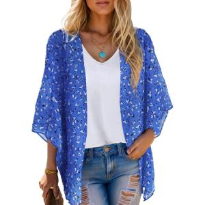 imageMoss Rose Womens Beach Kimono Coverup Sheer Chiffon Cover Ups Casual Loose Open Front Cardigan TopsBlue 2