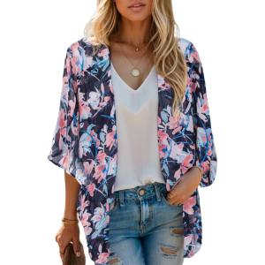 imageMoss Rose Womens Beach Kimono Coverup Sheer Chiffon Cover Ups Casual Loose Open Front Cardigan TopsBlue Flora