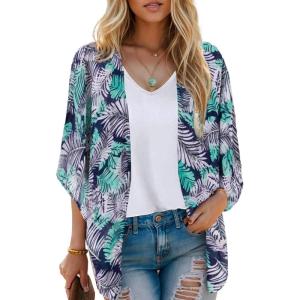 imageMoss Rose Womens Beach Kimono Coverup Sheer Chiffon Cover Ups Casual Loose Open Front Cardigan TopsBlue Floral
