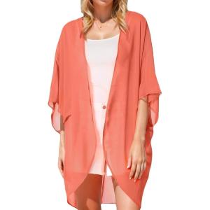 imageMoss Rose Womens Beach Kimono Coverup Sheer Chiffon Cover Ups Casual Loose Open Front Cardigan TopsBright Orange1
